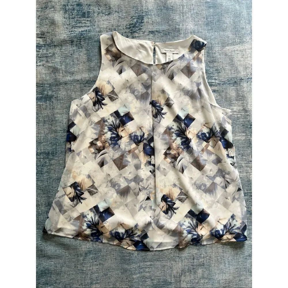 White House Black Market Ivory Blue Geometric Floral Print Sleeveless Blouse L